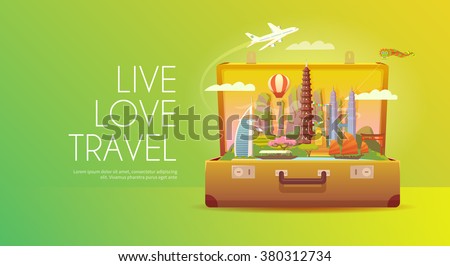 Trip to Asia. Travel to Asia. Vacation to Asia. Time to travel. Road trip. Tourism to Asia. Travel banner. Open suitcase with landmarks. Travelling illustration. Wanderlust. Flat style. EPS 10