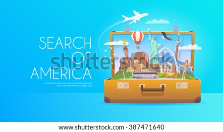 Travel to North America. Open suitcase with landmarks. Flat style.