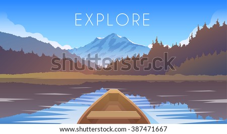 Sailing boat. Mountain landscape. Mountain lake. Outdoor recreation. Vector illustration.  Autumn.