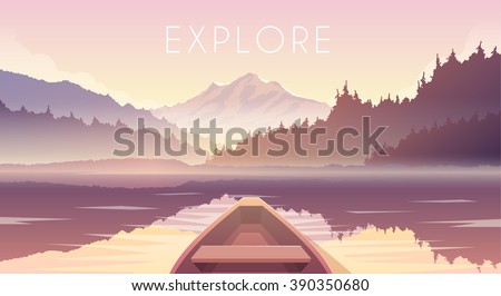 Sailing boat. First person. Mountain landscape. Mountain lake. Outdoor recreation. Vector illustration.  Dawn.