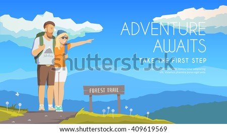 Vector flat web banner on the theme of Climbing, Trekking, Hiking, Walking. Sports, Camping, outdoor recreation, adventures in nature, vacation. Modern flat design. Travelling couple.