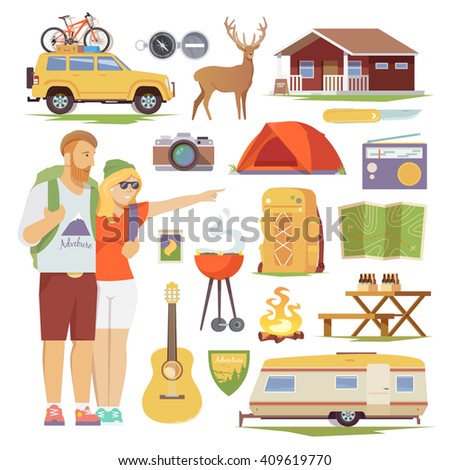 Vector flat icons on the theme of Climbing, Trekking, Hiking, Walking. Sports, Camping, outdoor recreation, adventures in nature, vacation. Camping icons set.