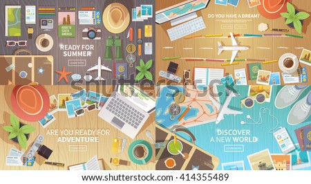 Flat vector web banners set on the theme of travel , vacation, adventure. Preparing for your journey. Outfit of modern traveler. Objects on wooden background. Top view. Ready for Summer. #1