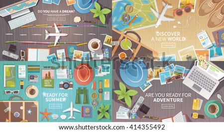 Flat vector web banners set on the theme of travel , vacation, adventure. Preparing for your journey. Outfit of modern traveler. Objects on wooden background. Top view. Ready for Summer. #2