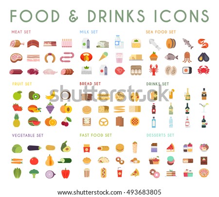 Food and drink flat vector icons set. Meat, milk, bread, seafood, fruits, vegetables, alcohol, fast food, dessert.
