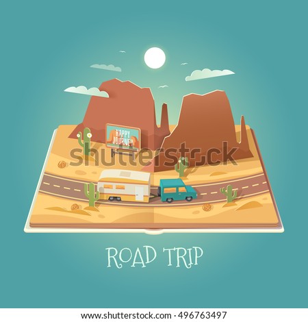 Vector 3D Paper Graphics. Open book with mountain landscape. Arizona. Road in the desert. Road trip. Cardboard Graphic. SUV and trailer. Travel illustration. Flat style.