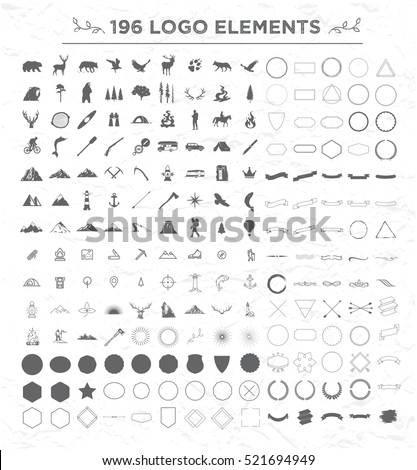 Big set elements for outdoor labels creation. On the themes of wildlife, hunting, travel, wild nature, climbing, camping, life in the mountains, survival. Retro, vintage design.