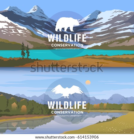 Vector web banners on the themes of wild animals of America, survival in the wild, hunting, camping, trip. Mountain landscape. Wildlife conservation.