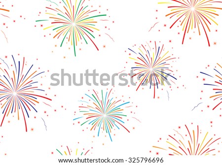 Vector illustration of fireworks on white background. Seamless pattern.