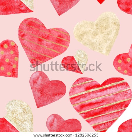 watercolor heart red valentine\'s day love golden stripes  decor pattern elements hearts seamless pattern