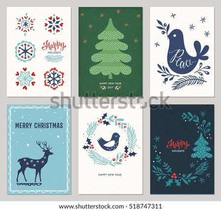 Vertical Merry Christmas and Happy Holidays cards with New Year tree, deer, decorative snowflakes, peace dove, bird and wreath on the texture backgrounds. Vector illustration.