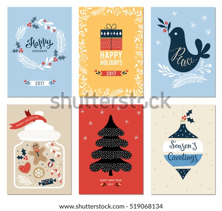 Merry Christmas and Happy Holidays cards set with New Year tree, gift box, dove, jar, ornaments and wreath. Vector illustration.
