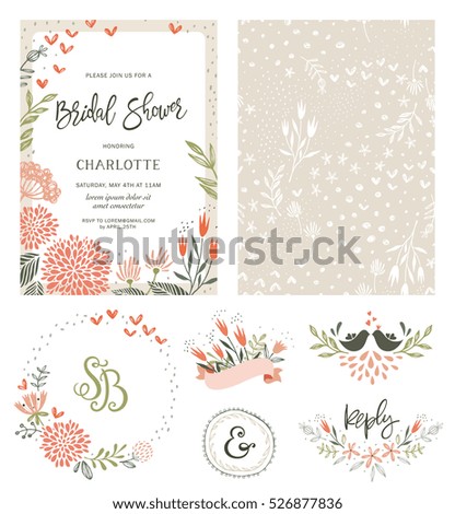 Rustic hand drawn Bridal Shower invitation with seamless background and floral design elements. Vector illustration.