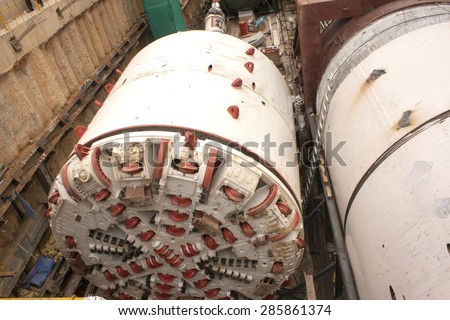 Top view of Tunnel Boring Machine in an access shaft being assembled before launch for its underground excavation in Bangalore, India