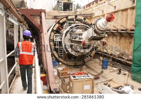 Back view of tunnel boring machine in an access shaft being assembled in Bangalore, India