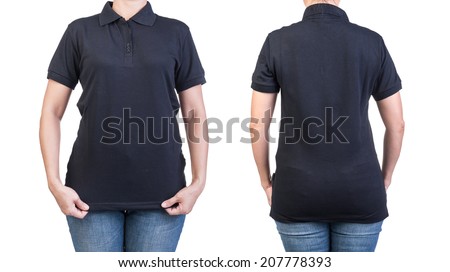 Black polo shirt with on a women on a white background