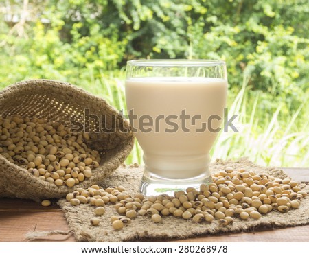soymilk, soybean milk, in glass for drink.