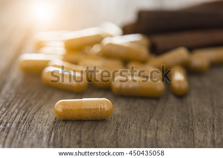 Cinnamon, herbs and spices, Herb capsule, Nutritional Supplement, Vitamin Pill, Herbal Medicine.