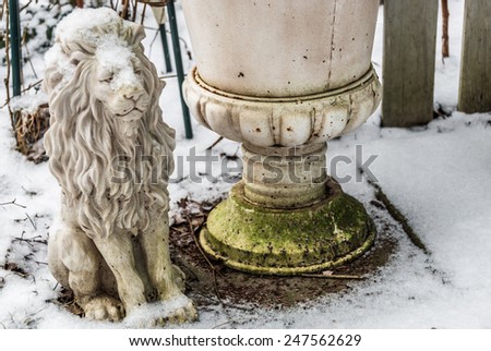 Mass production polyresin lion covered with snow beside a flower bucket with patina\
Closeup of white planter in winter garden for book cover, brochure, flyer, magazine, CD cover design, website, app