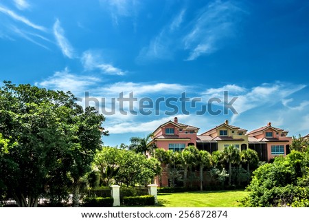 Architectural buildings along a street in Florida blue sky background \
Street view of Real estate residential buildings with palms and trees in vacation travel destination, filtered image