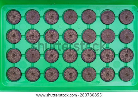 Aerial view many dry planter peat pellets in green tablet \
Round peat moss pills for seedlings on green plastic tray prepared for watering, for gardening or agriculture concept