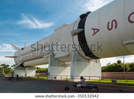 CAPE CANAVERAL, FLORIDA - JUNE 7, 2013: The Rocket Garden at Kennedy Space Center NASA. \
Tourist attraction, historical rockets from past explorations for every USA human space flight since 1968
