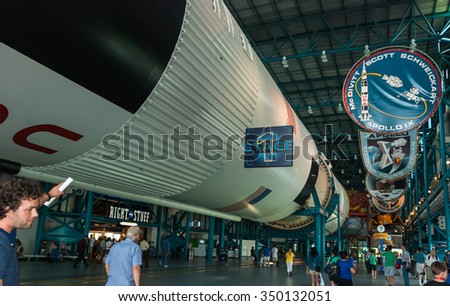 CAPE CANAVERAL, FLORIDA - JUNE 7, 2013: The Rocket Garden at Kennedy Space Center NASA. \
Inside museum, historical rockets from explorations for every United States human space flight since 1968