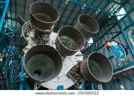 MERRITT ISLAND, FLORIDA - JUNE 7, 2013: The Rocket Garden at Kennedy Space Center NASA. \
Inside museum, historical rockets from explorations for every United States human space flight since 1968