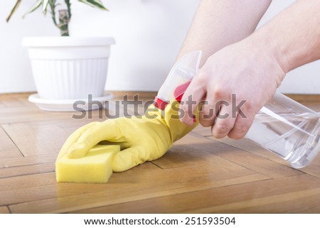 Floor cleaning, sponge, gloves and sprayer