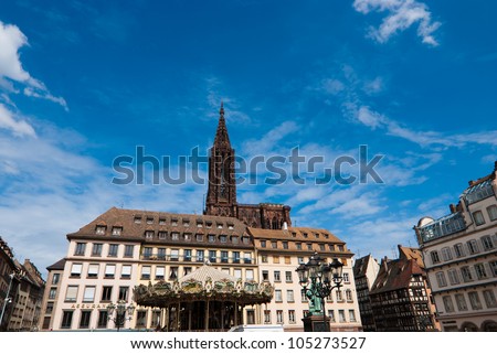 Strasbourg Cathedral and old town square against blue sky, Alsace, France