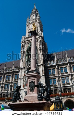 Munich Marienplatz - town hall tower and golden statue, Bavaria, Germany