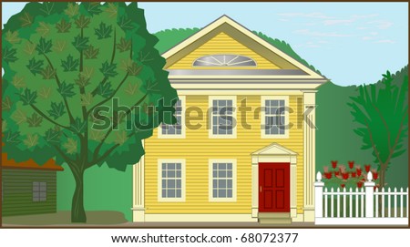 Colonial House - Detailed illustration of 1700s Colonial house in rural setting