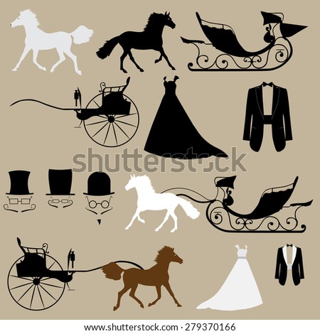 Wedding set of horses, carts and clothing.