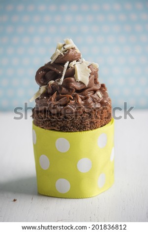 chocolate cupcake, polka dot background, green container fabric, on white background