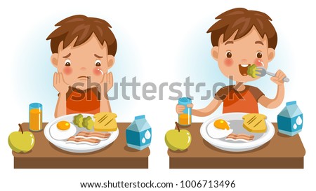 Boy eating. Emotions and gestures. Conversely, Unwillingness, appetizing, Unhappy and happy. The concept of Health and growing children. Cartoon illustrations vector. Isolated on white background