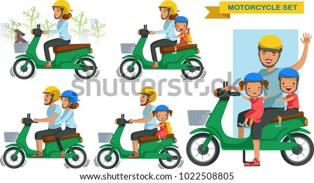 Riding motorcycle family set. person gestures are driving motorcycles. Couple  riding a motorcycle. Drive safely with son and daughter, wear a helmet.  Vector illustrations isolated on white background - Stock Image - Everypixel