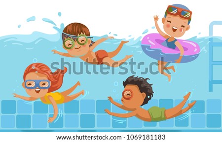 Boys and girls in swimwear are swimming in a children\'s pool. Underwater view and on water.kids are having fun. Vacation in summer vacation Share with friends. Sports and swimming in childhood water.