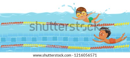 Boys swimming. Swimmers racing in the pool. Underwater view on the water of the pool. Billboard or branner design. Gaps fill your data to fill. Concept for web pages, schools,Special sports classes.