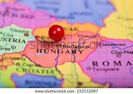 Map of Europe with a round red push pin placed on the city of Budapest