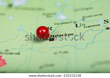 Map of Europe with a round red push pin placed on the city of Moscow