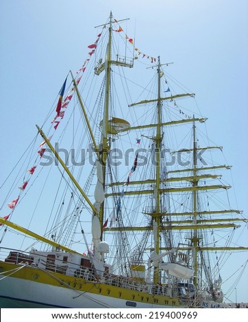 Sail ship  Mircea participant of  the SCF Black Sea Tall Ships Regatta  on May 15, 2014 in Sochi, Russia.