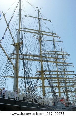 Masts of the sail ship  Kruzenshtern participant  of  the SCF Black Sea Tall Ships Regatta  on May 15,  2014 in Sochi, Russia.