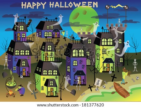 spooky Halloween town with green lakes/Spooky Ville3/Happy Halloween letters are saved on a separate layer so you can take them out and add your own type