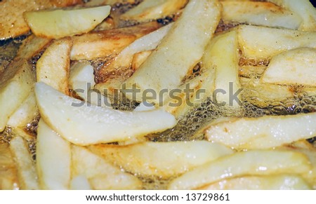 Caloric & greasy potatoes in boiling oil represent unhealthy food
