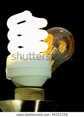 Energy saver bulb in front of the classic bulb as a conceptual view of progress in energy efficiency.