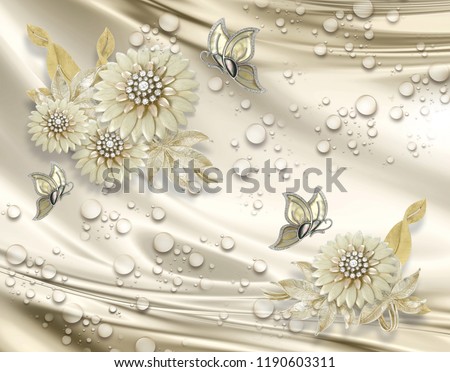3d wallpaper, jewelry flowers, butterflies and water drops on beige silk will expand visually room, make room lighter and become a good accent in the interior design.