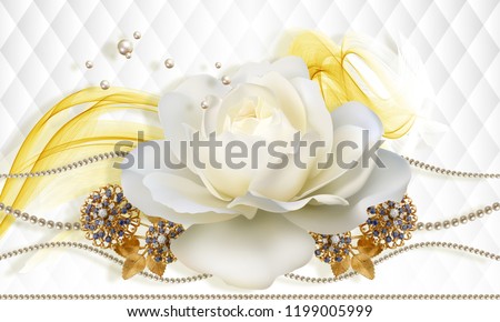 3D wallpaper, rose and jewelry flowers on white abstract background. Flower theme - this is a trend in design. Celebration 3d background.