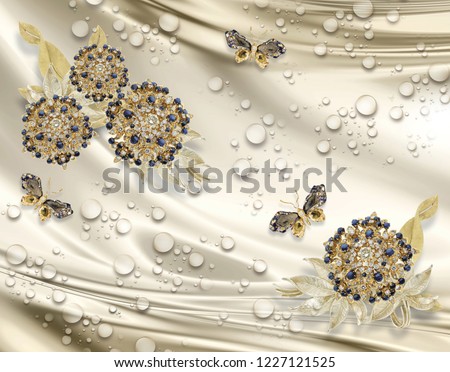3D wallpaper, jewelry flowers on silk background. Flower theme - this is a trend in design. Celebration 3d background