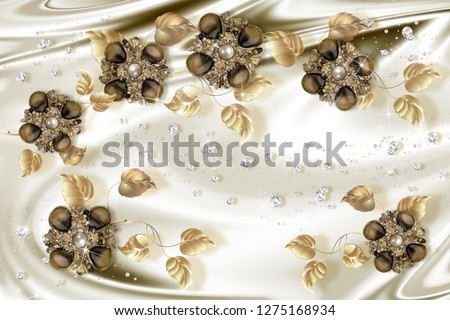 3D wallpaper, gold jewelry flowers on silk background. Celebration 3d background