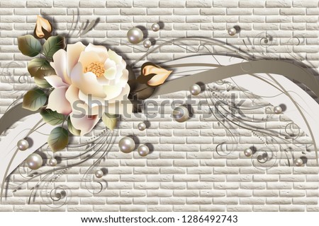 3d wallpaper, roses and pearls on  brickwork background